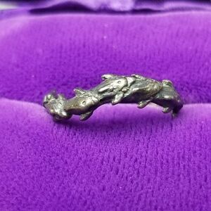 Vintage Sterling Silver Leaping Dolphins Ring, Size 6 1/2 Band, 80s 90s Estate